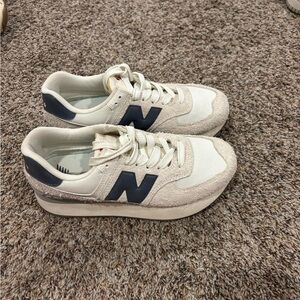 New Balance Cream and Navy Athletic Shoes